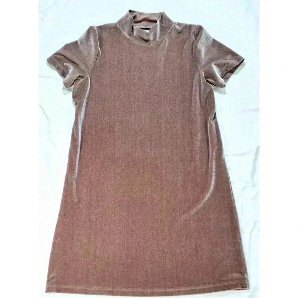Madewell Velvet Mockneck Shift Dress Frosty Mauve Short Sleeve Stretch Size M